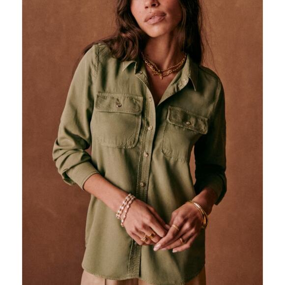 SEZANE Chemise Davina Button Down Shirt Top Khaki Green Snap Buttons  36 US S - Picture 1 of 14